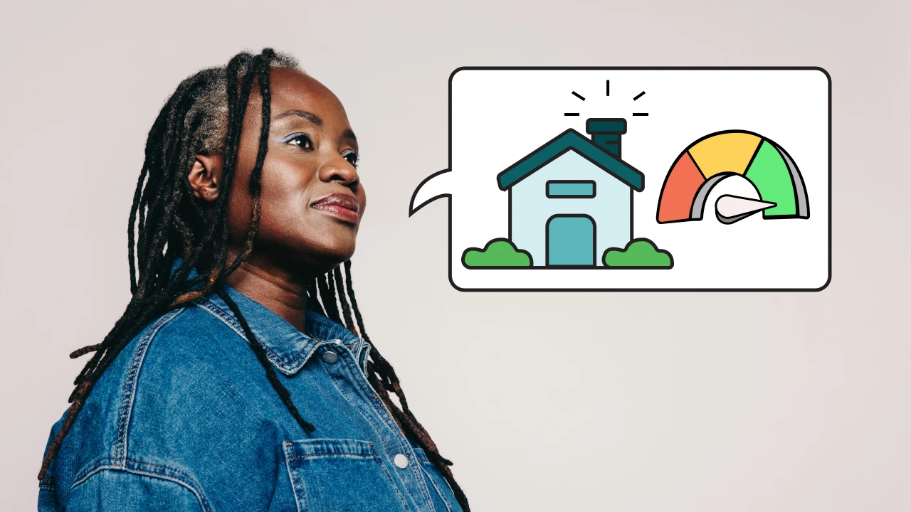 A women dreaming of owning a home next to a chart indicating a high credit score.