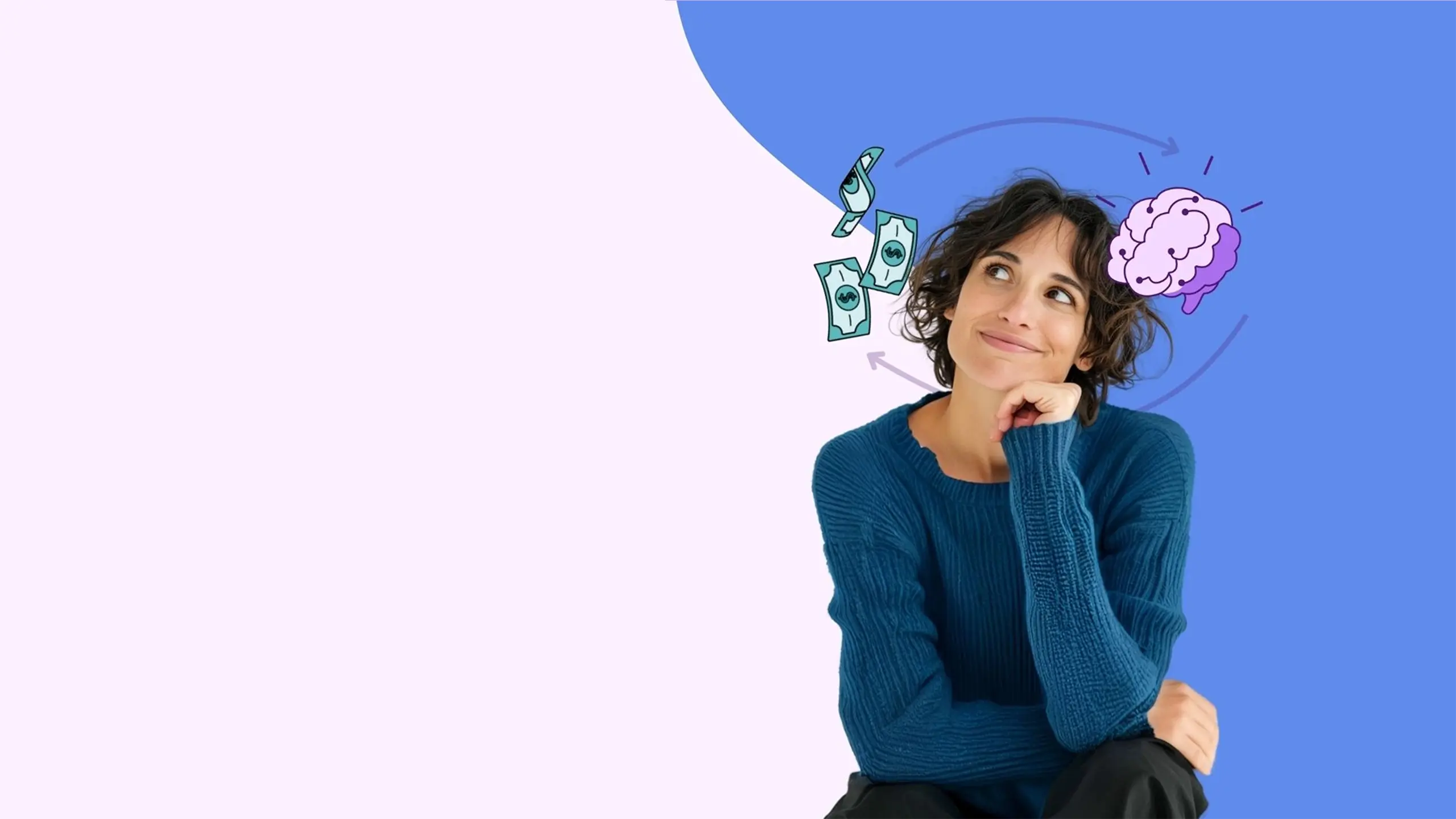 A woman sitting and thinking with an illustration of a brain and money next to her head.