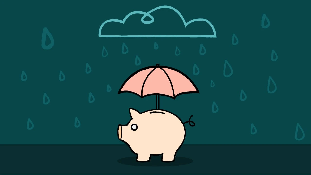Illustration of a piggy bank with an umbrella protecting it from rain.