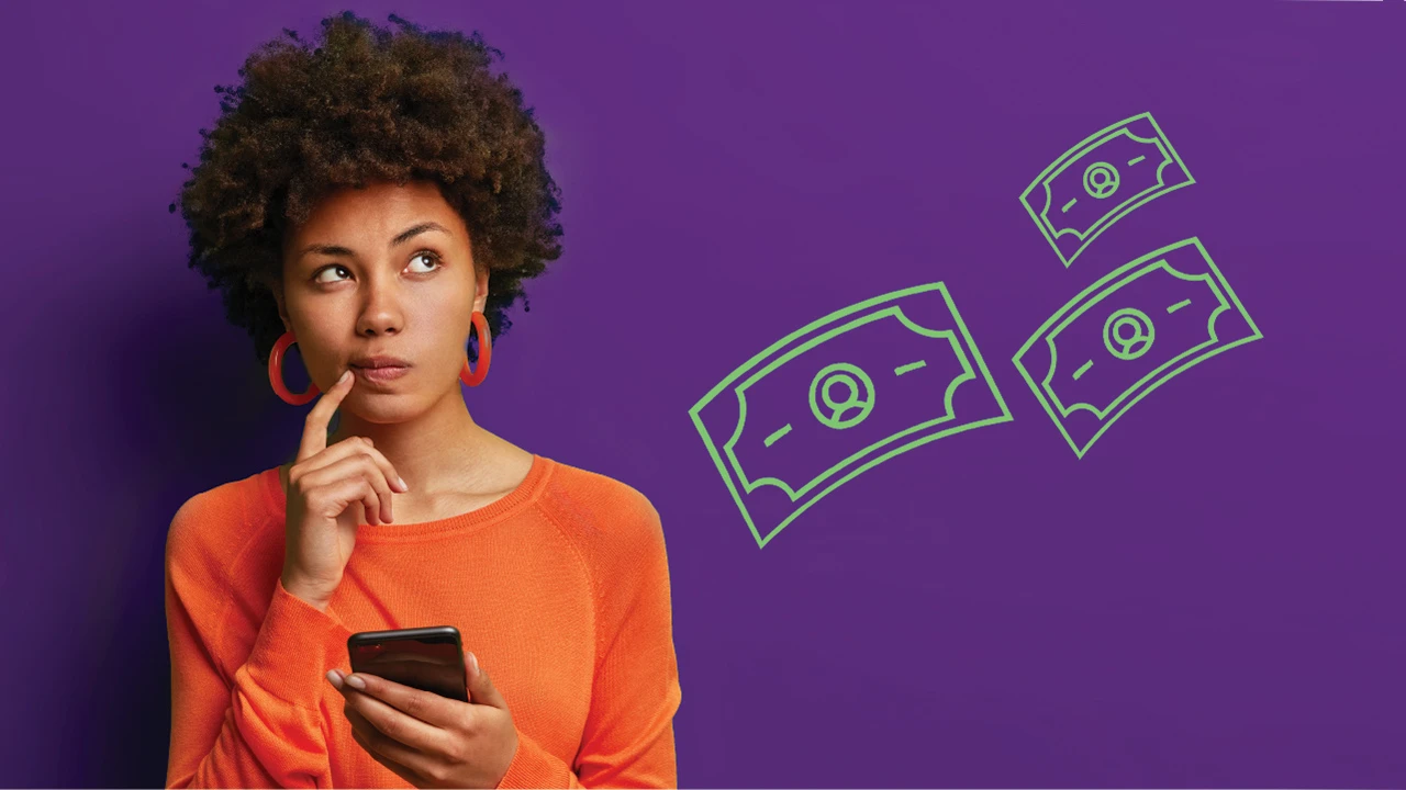 Woman holding a mobile phone and looking thoughtful.