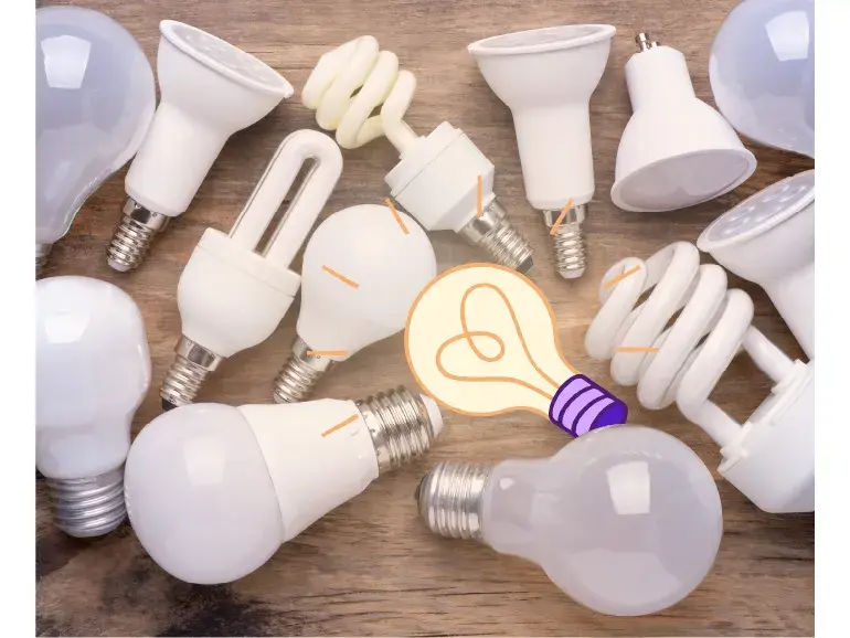 Lit up light bulb illustration mixed in with assortment of real, unlit light bulbs.