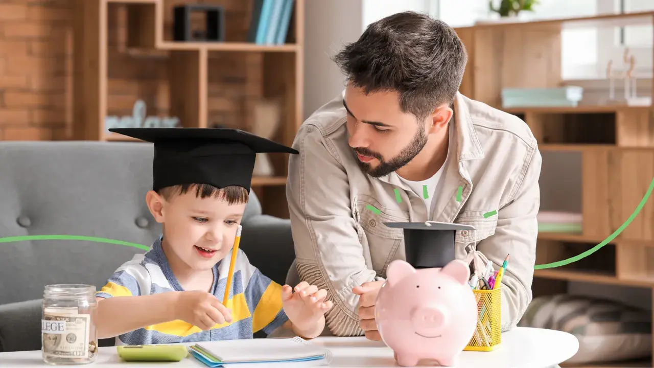 A father watching his young son do schoolwork.