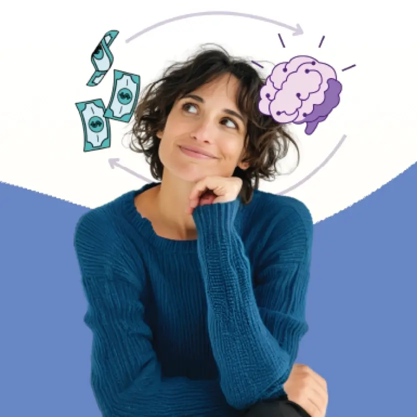A woman sitting and thinking with an illustration of a brain and money next to her head.