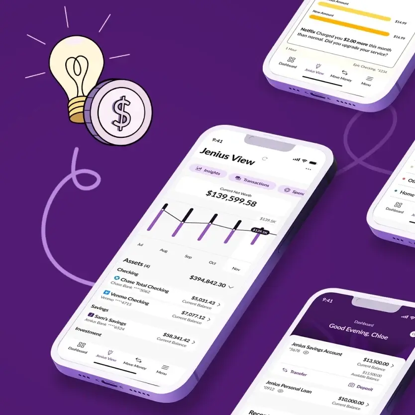 Cell phones showing multiple views of the Jenius Bank Mobile App