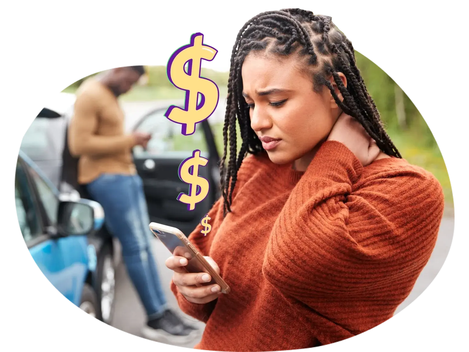 Concerned woman looking at her phone with dollar signs coming out of it after a car accident.
