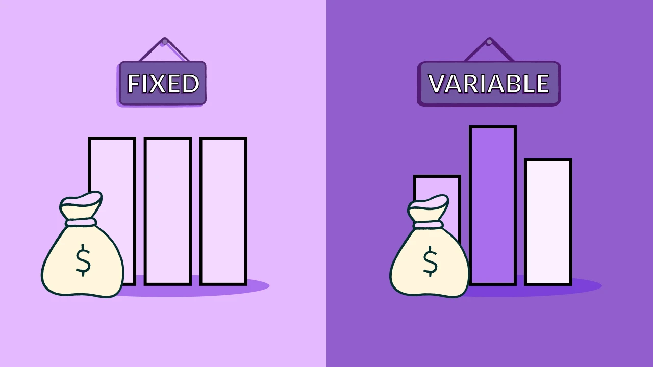 Two bar graphs, one with equal bars representing a fixed payment; the other with different bar heights representing a variable payment.