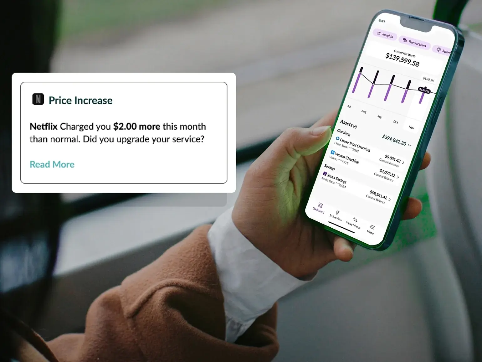 A person observing a Price Increase alert on their phone for their linked Netflix account. The alert text states: "Netflix charged you two dollars more this month than normal. Did you upgrade your service?". A link to Read More about the increase is found below the alert text message.