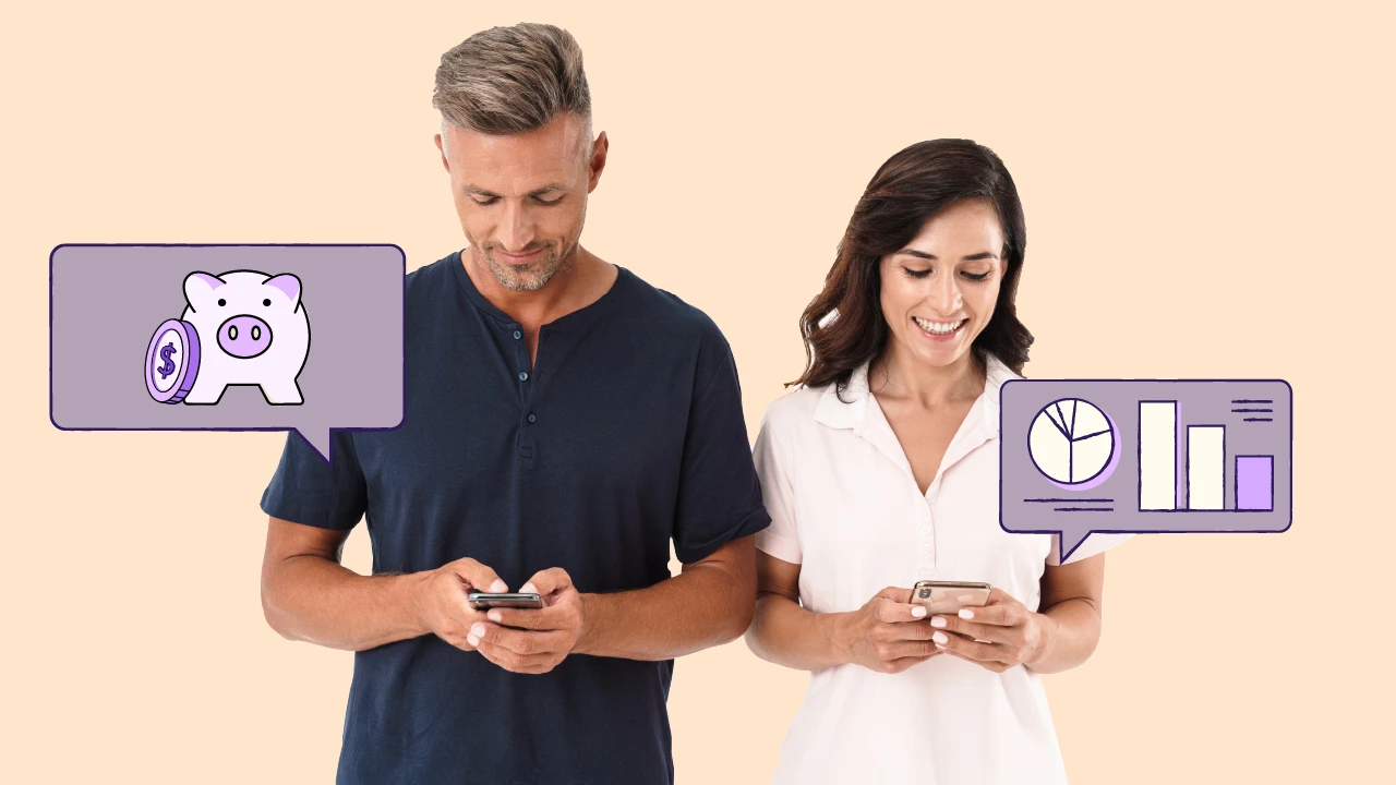 A couple checking their savings and investments on their phones.