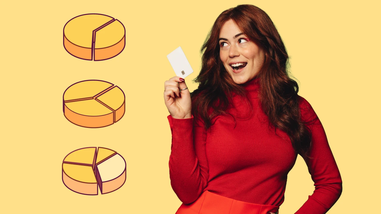 Woman holding a credit card next to different budget pie charts.