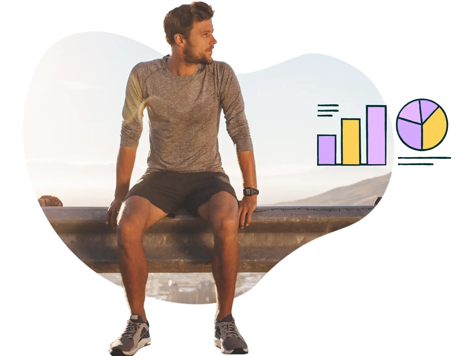 Man sitting on a guardrail looking toward budget graphs