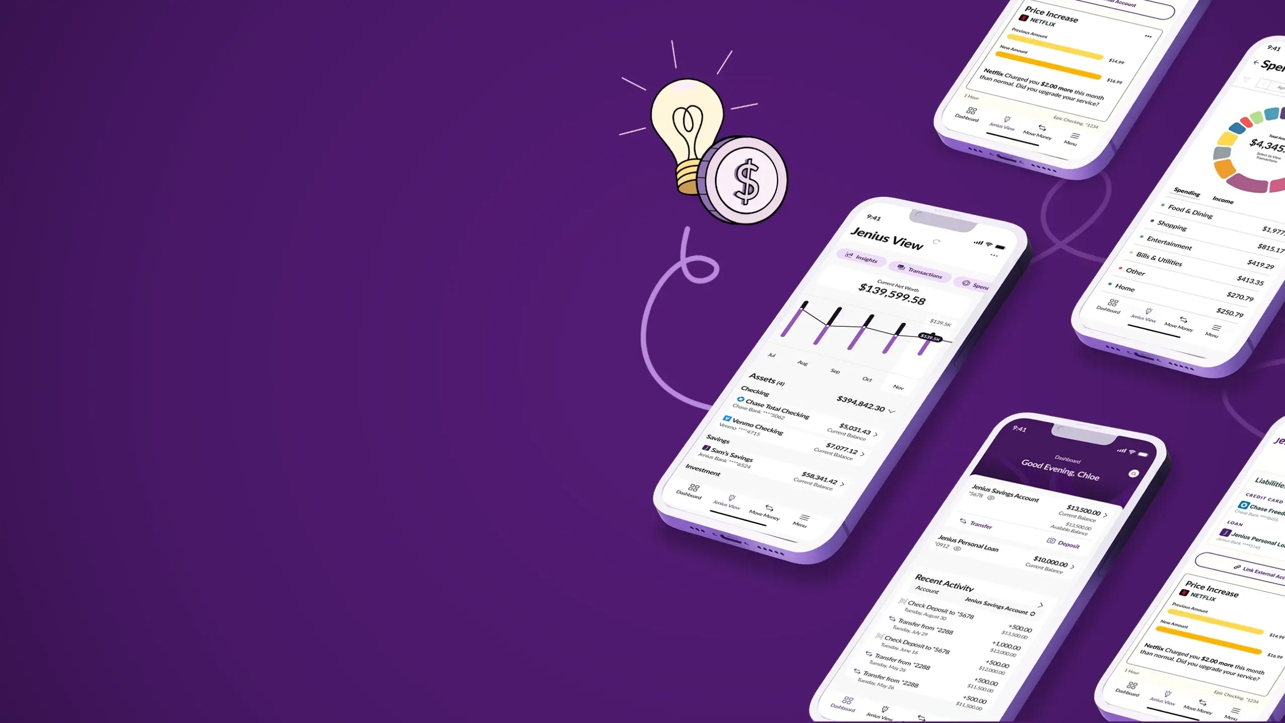 Cell phones showing multiple views of the Jenius Bank Mobile App