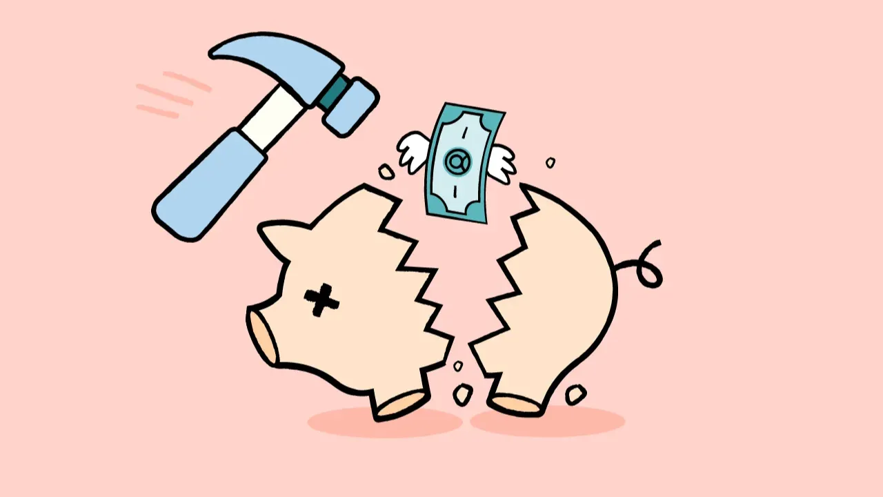 Illustration of a hammer breaking a piggy bank to retrieve money.