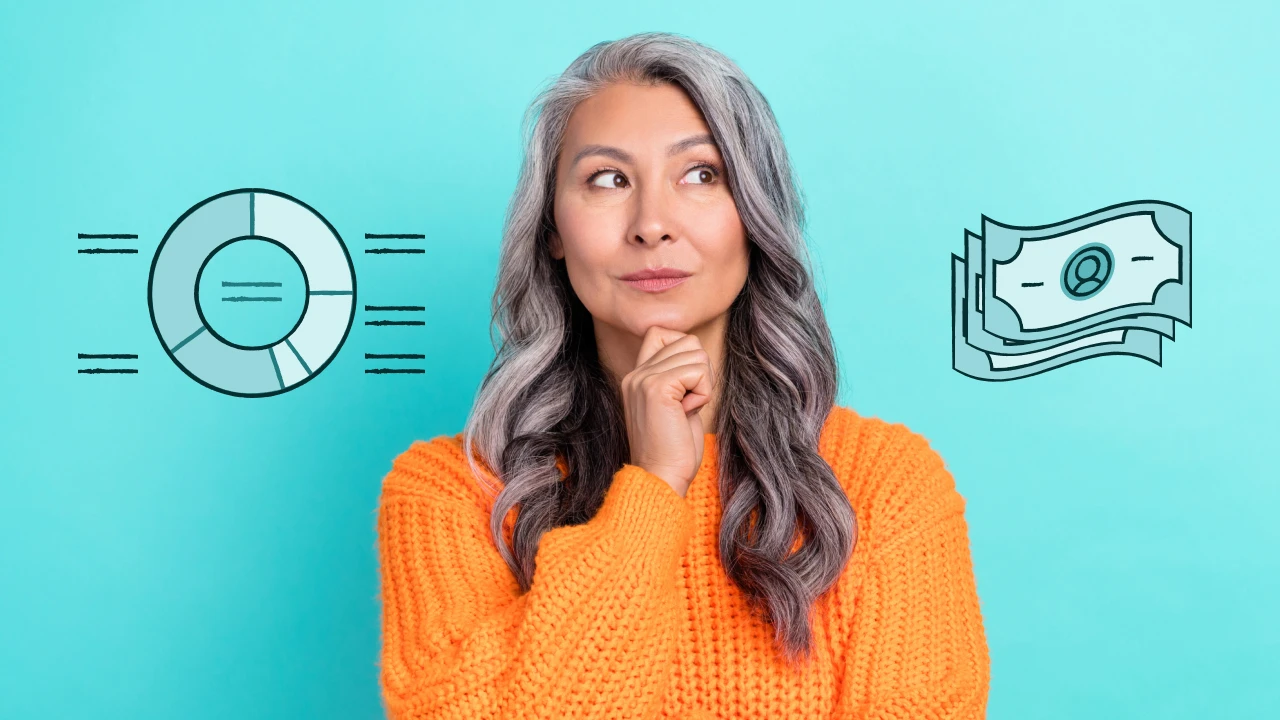 Woman standing between a chart and dollar bills. 