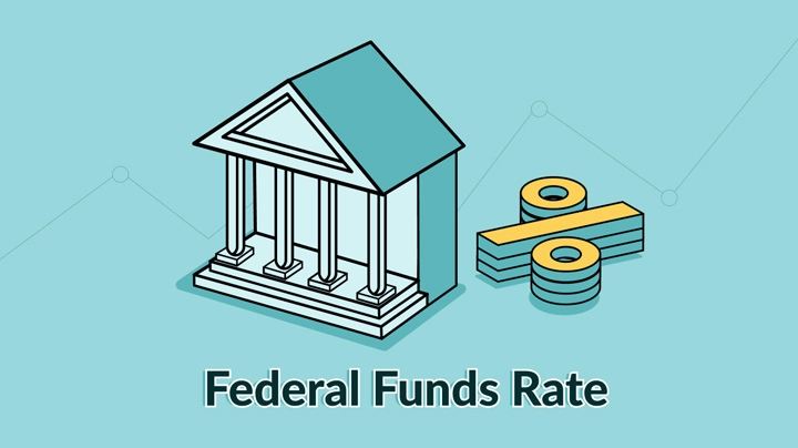 Illustration of a bank with a percent sign next to it and the text federal funds rate. 