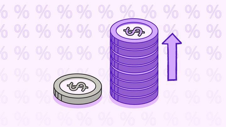 Illustration of a single coin next to a stack of coins. 