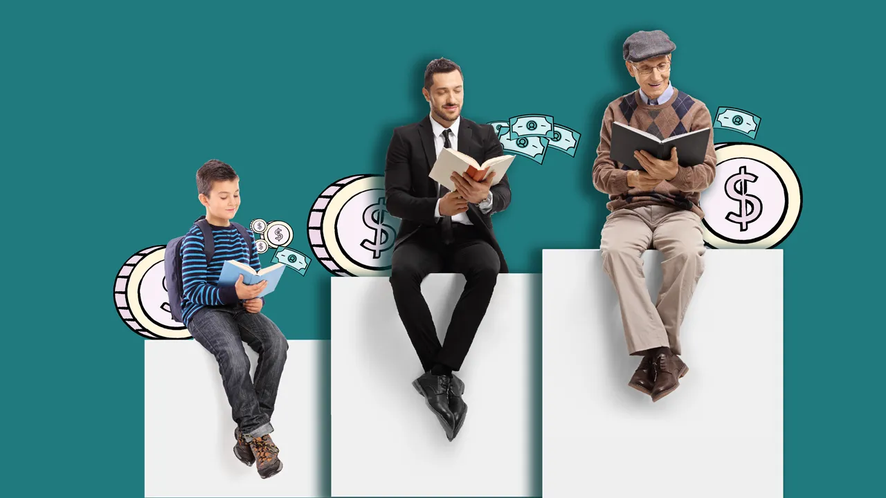 A young boy, middle-aged man, and older man sitting next to each other reading books.
