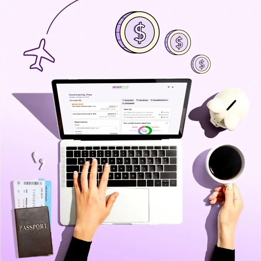 A laptop computer showing a Jenius Savings account with a passport and piggybank next to it.