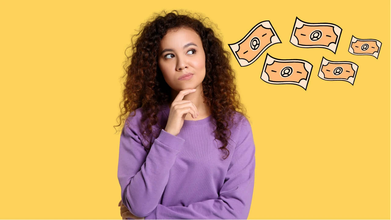 Woman in a purple shirt touching her chin and looking thoughtful.