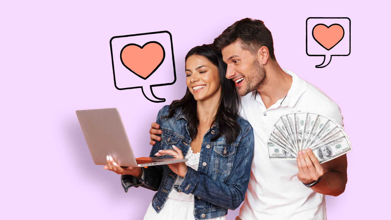 An engaged couple looking excitedly at a laptop considering their wedding saving account options.
