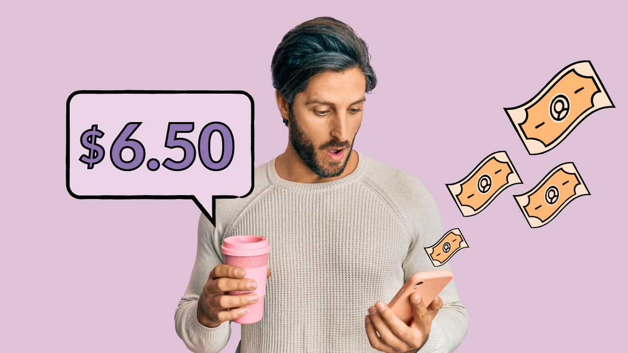 Surprised man holding coffee cup and phone with dollars flying away