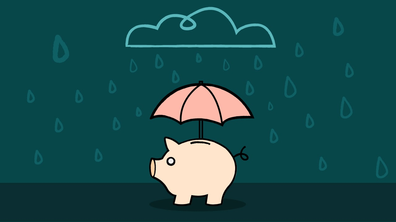Illustration of a piggy bank with an umbrella protecting it from rain. 