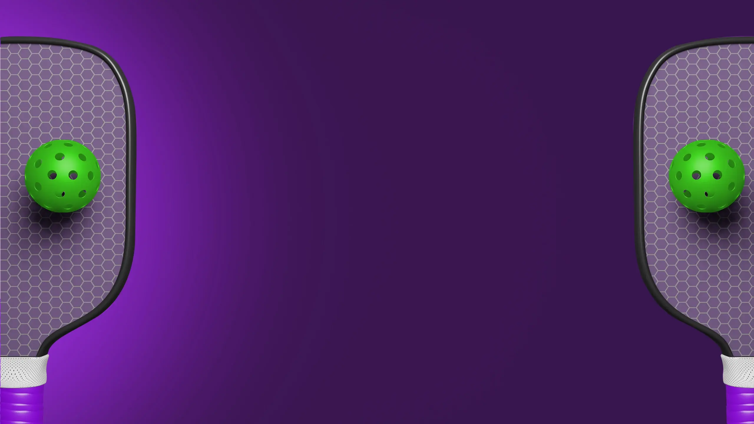 Two purple pickleball paddles with green balls on a purple background.