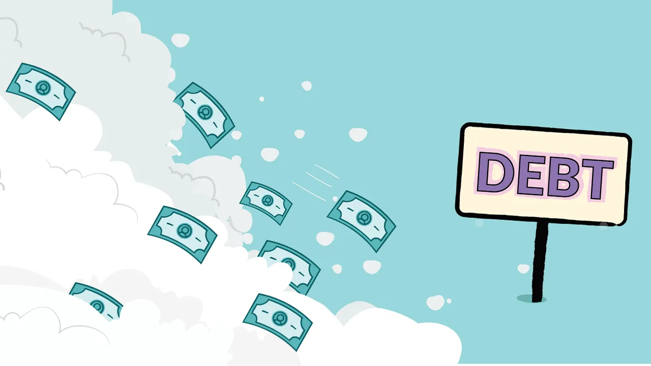Cartoon of an avalanche with money heading for a sign that says debt. 