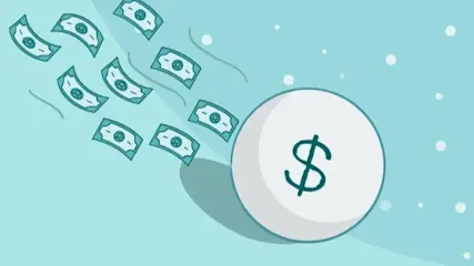 Illustration of money chasing a snowball rolling downhill.