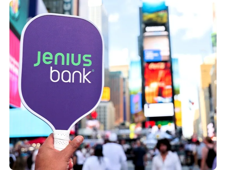 Jenius Bank pickleball paddle is held proudly in Times Square NYC. 