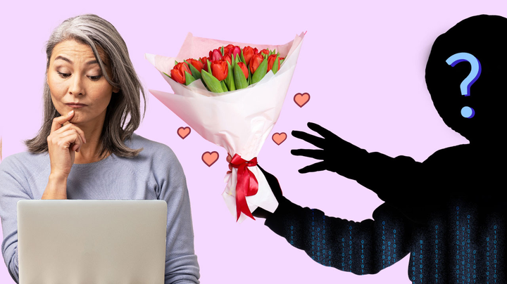 A woman looking at her laptop with an unknown figure offering her flowers. 
