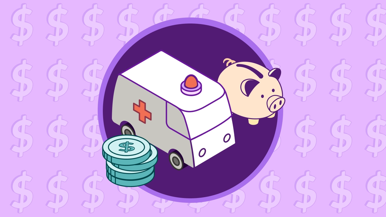 Illustrations of a stack of coins, piggy bank and ambulance. 