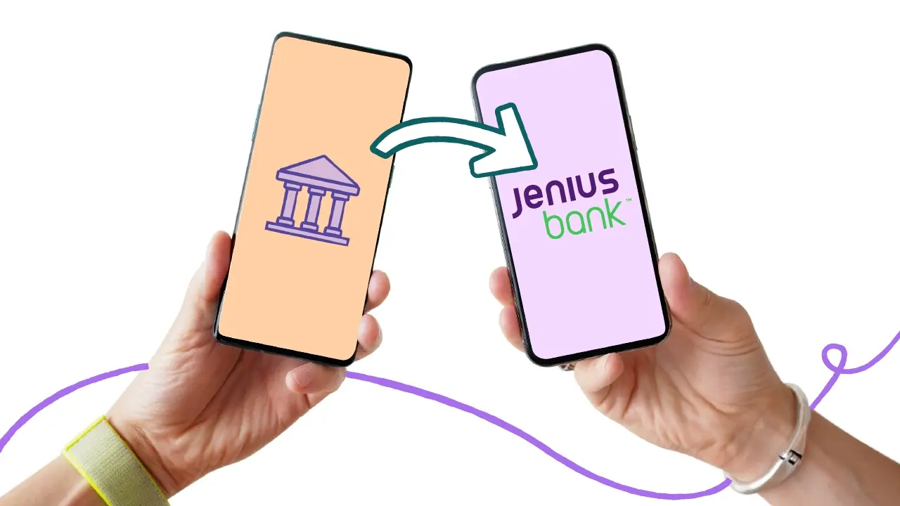 Two mobile phones showing a bank account moving from one institution to another. 