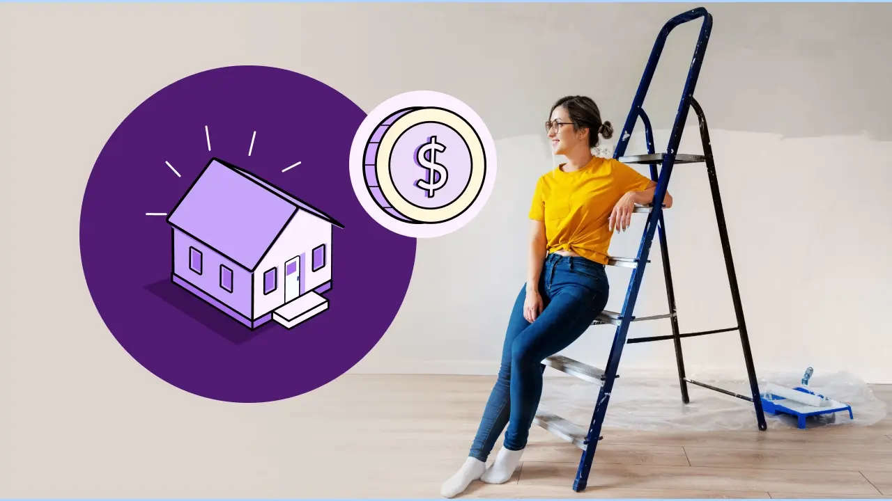 A woman leaning on a ladder looking around her house.