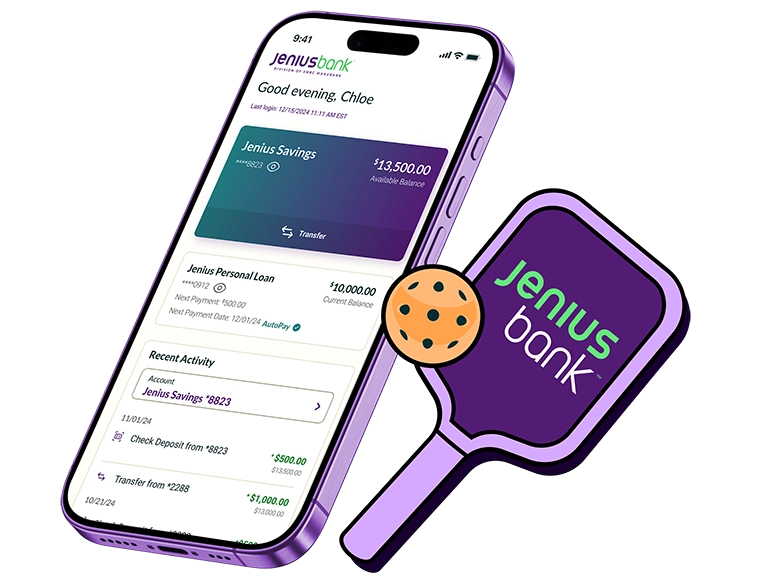 Smartphone displaying Jenius Bank app with account balances and recent transactions next to an illustration of a pickleball paddle with the Jenius Bank TM logo on it and a pickleball. 
