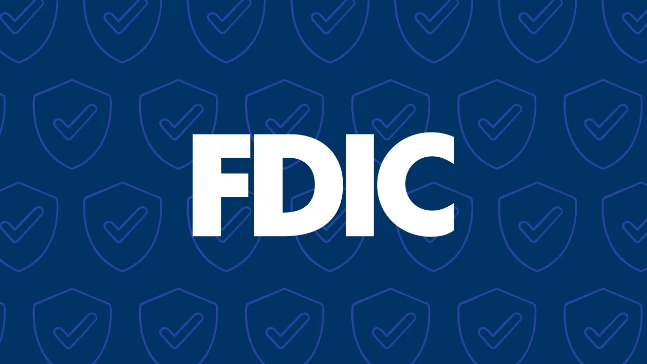 FDIC logo over a background of shields with checkmarks. 