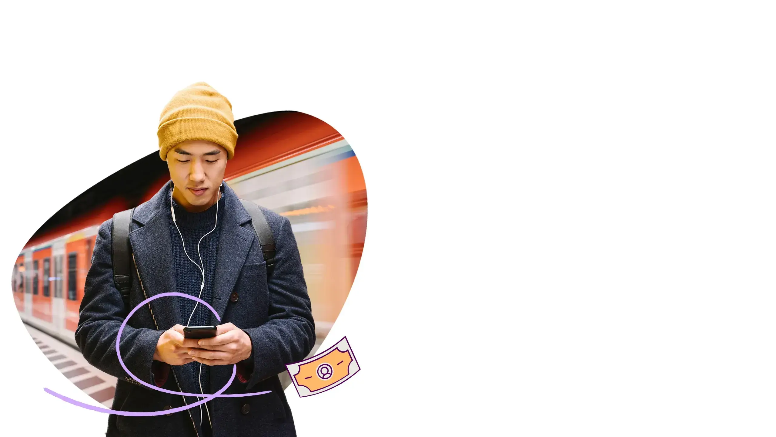 A man banking on his mobile phone at a train station. 