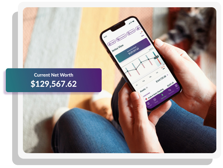 A person holding a phone viewing their net worth on the Jenius Mobile App.
