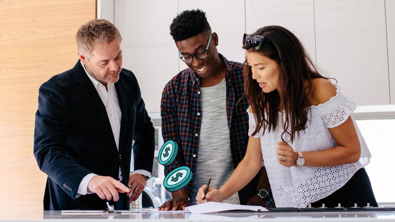 A real estate agent and couple signing closing documents. 