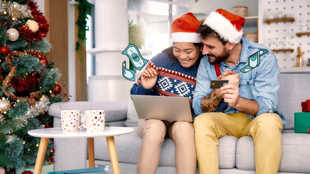 A couple shopping online for holiday gifts. 