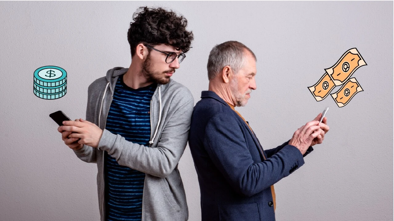 Two men standing back-to-back, with one glancing over at the other. 