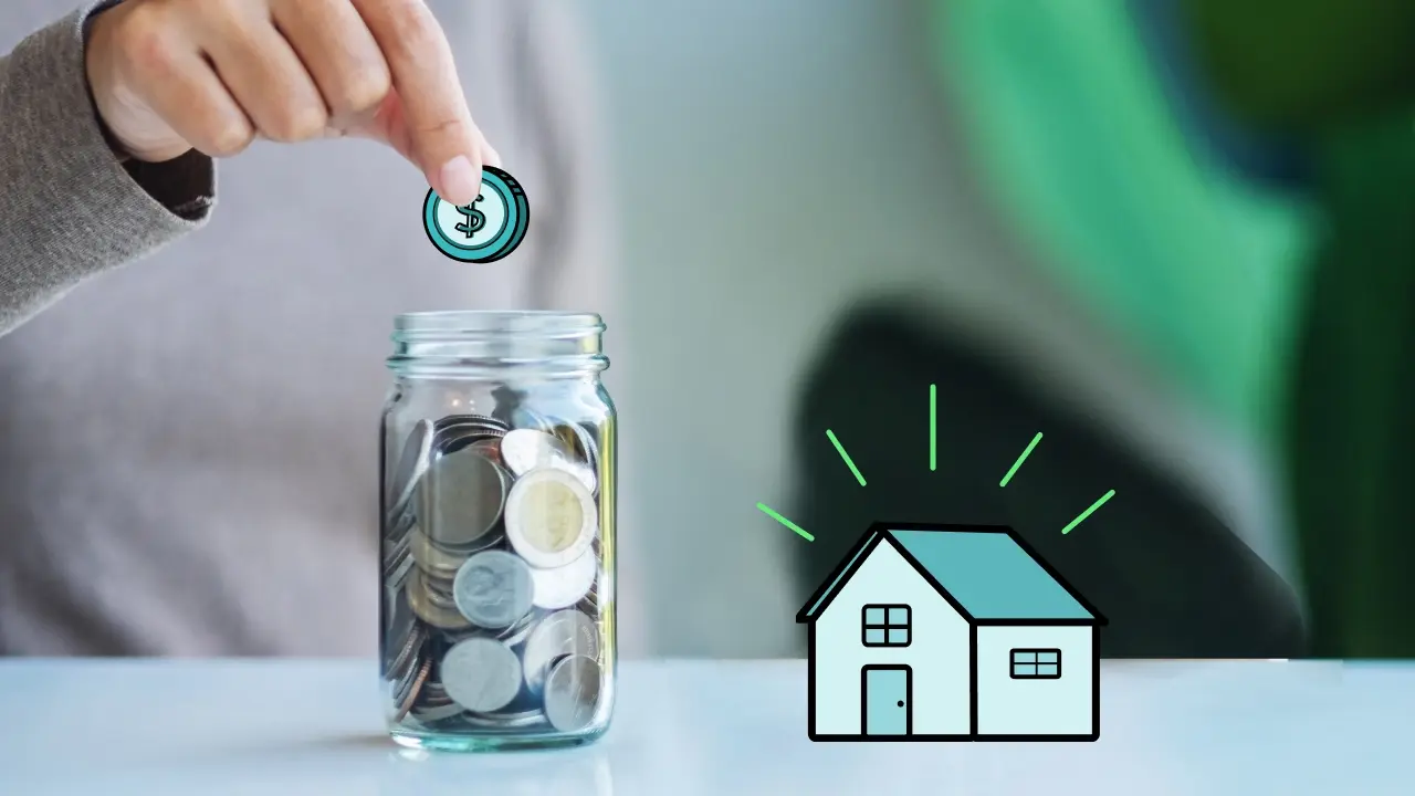 Person dropping a coin into a jar next to an illustration of a house. 