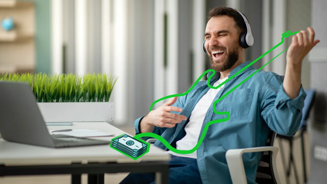 Man in headphones playing an illustration of a guitar. 