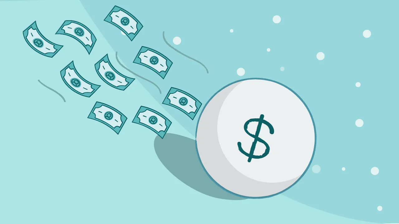 Illustration of money chasing a snowball rolling downhill.