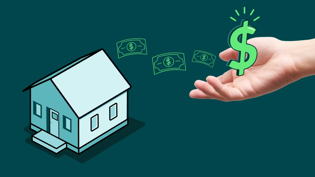 A hand is outstretched above an illustration of a house. There are graphic illustrations of paper money and a dollar sign. 