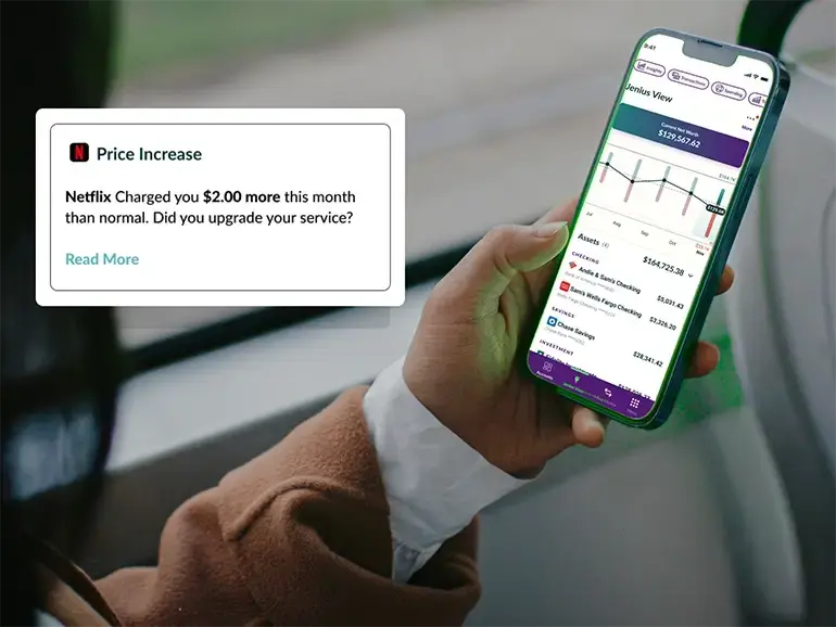 A person observing a Price Increase alert on their phone for their linked Netflix account. The alert text states: "Netflix charged you two dollars more this month than normal. Did you upgrade your service?". A link to Read More about the increase is found below the alert text message.