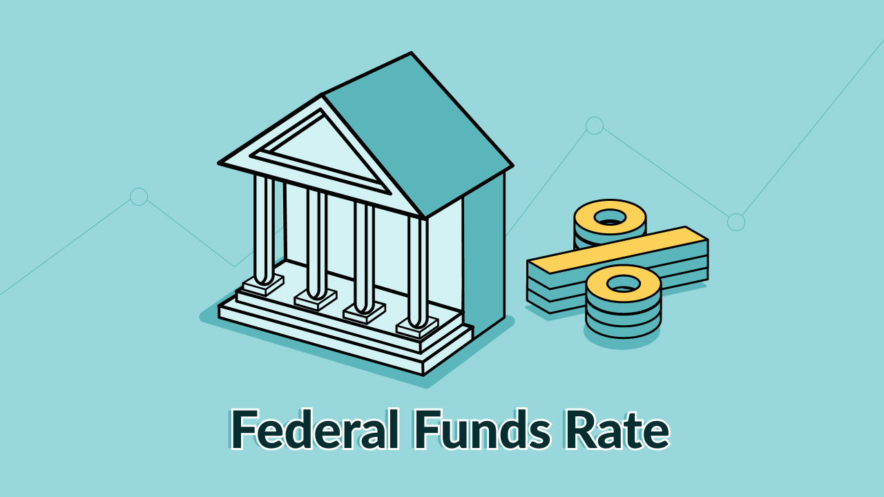 Illustration of a bank with a percent sign next to it and the text federal funds rate. 