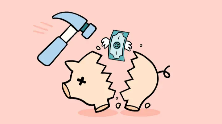 Illustration of a hammer breaking a piggy bank to retrieve money.	