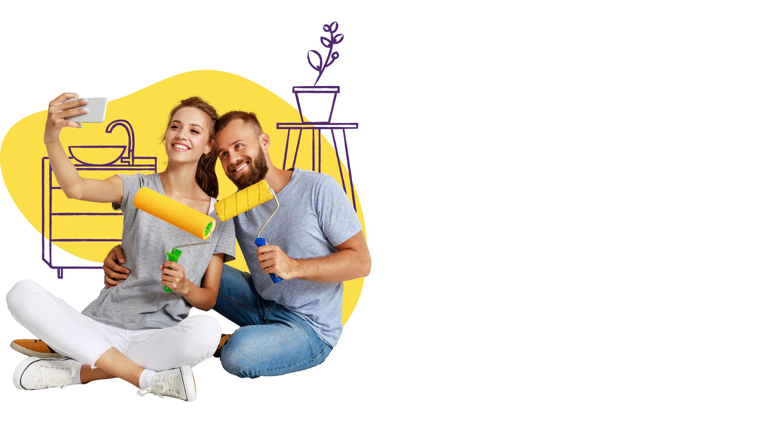 Young couple takes a selfie as they happily hold paint rollers in front of their freshly painted bathroom.