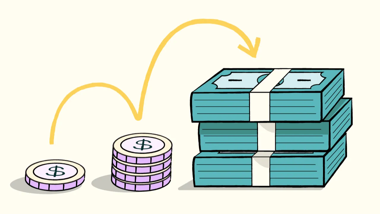 A coin, a stack of coins, and a stack of bills with an arrow showing growth. 