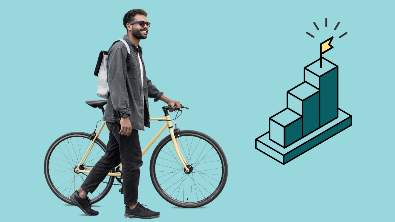 Man walking with a bicycle, next to an illustration of a bar graph showing growth. 